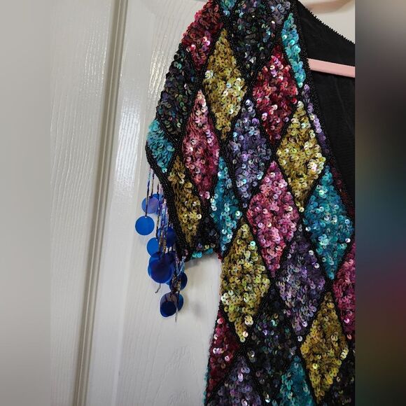 Vintage 80s Colorful Sequins Diamond Argyle Tassel Fringe Midi Dress Fla… - Picture 9 of 13